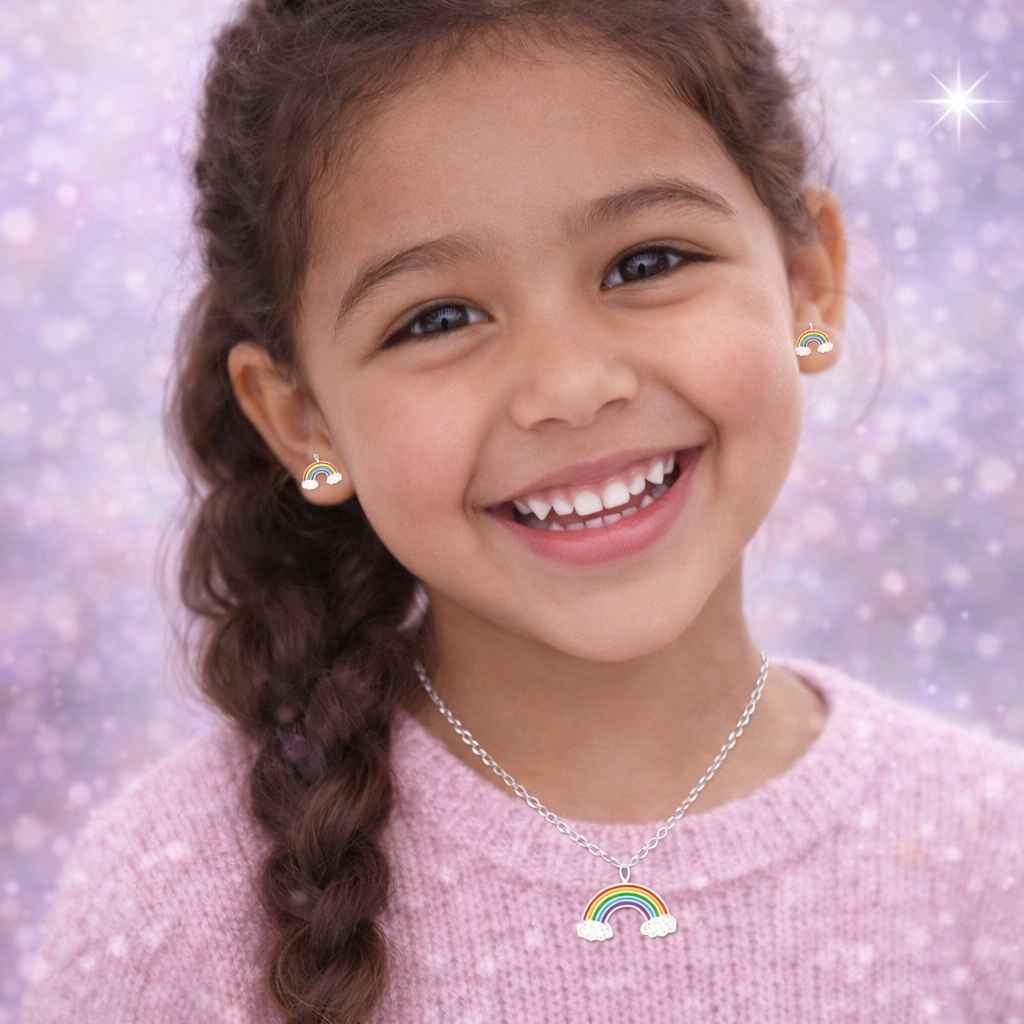Mädchen mit Regenbogen Schmuckset aus 925 Silber mit Ohrstecker und Halskette von Funkelino