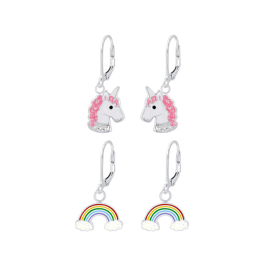 Kinder Ohrringe-Set Einhorn Regenbogen aus 925 Silber
