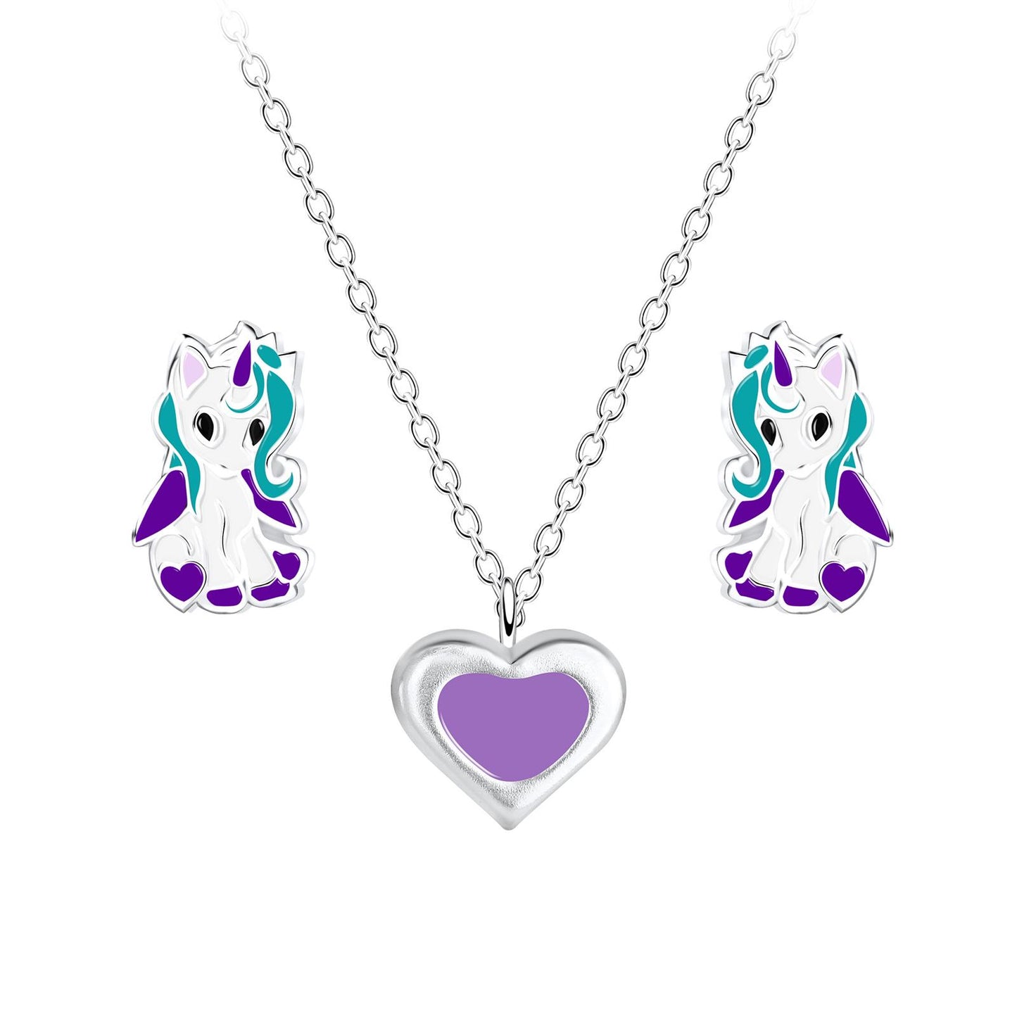 Kinderketting en oorbellen met eenhoornmotief, vervaardigd van 925 sterling zilver.