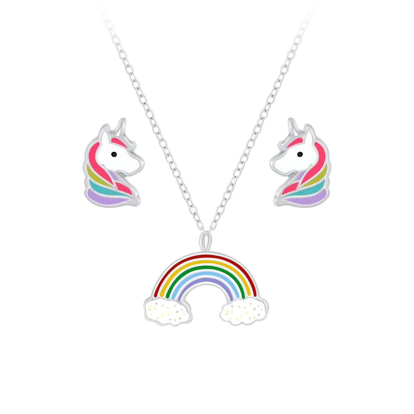 Kinderketting en oorbellen set met eenhoorn en regenboogmotief, gemaakt van 925 zilver.