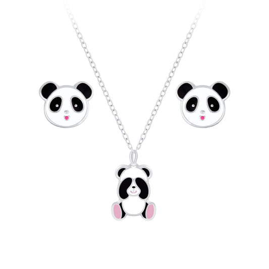 Kinder Halskette & Ohrringe Set Panda aus 925 Silber
